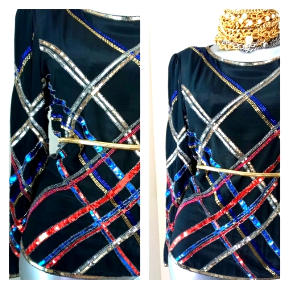 "ARGENTI" VinTage 100% Silk Sequins & Beads Cocktail Top - Picture 11 of 16